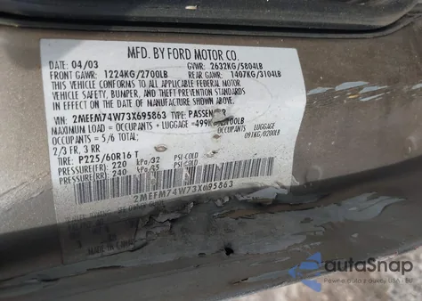 2003 Mercury Grand Marquis Gs из США, поврежденный, VIN 2MEFM74W73X695863